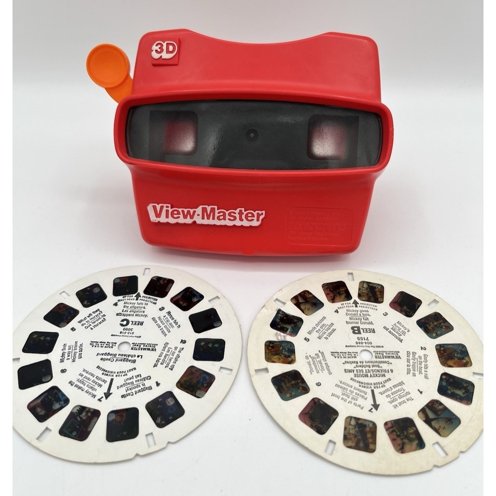 Vintage 1980s View-Master 3D Viewer Red w/ Disney Mickey Mouse 2 Reels READ